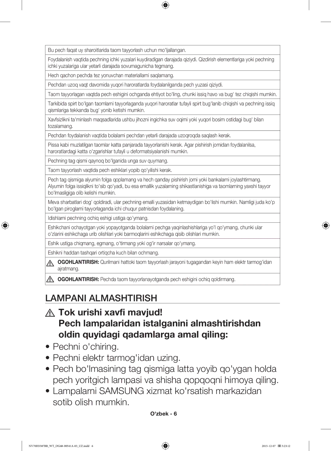 Samsung NV70H5557LB/WT, NV70H5587BB/WT manual Pechni ochiring Pechni elektr tarmogidan uzing 