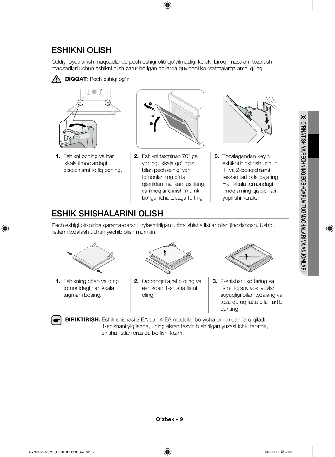 Samsung NV70H5587BB/WT, NV70H5557LB/WT manual Eshikni Olish, Eshik Shishalarini Olish, Diqqat Pech eshigi ogir, Quriting 