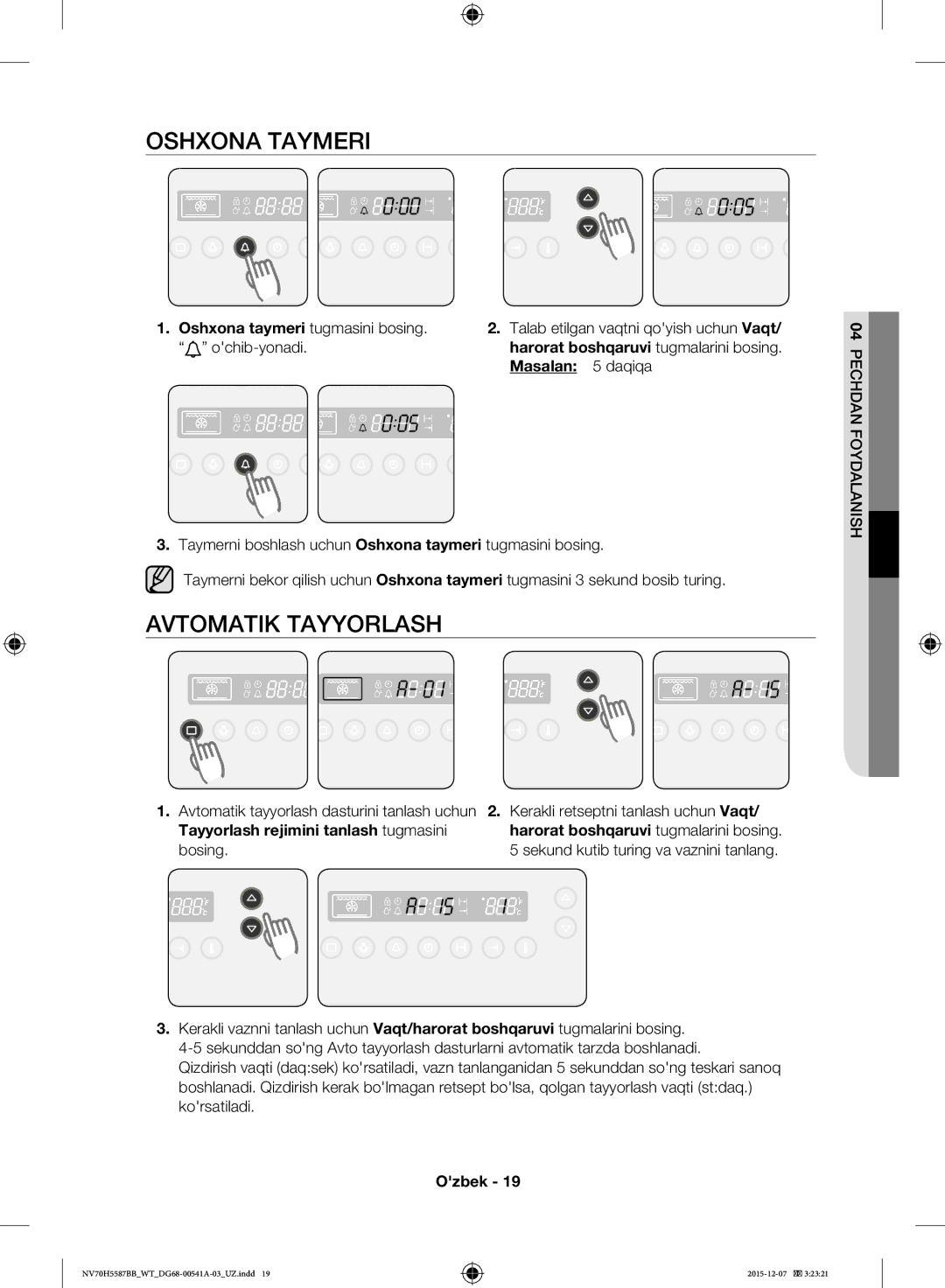 Samsung NV70H5587BB/WT Oshxona Taymeri, Avtomatik Tayyorlash, Oshxona taymeri tugmasini bosing, 04PECHDAN Foydalanish 