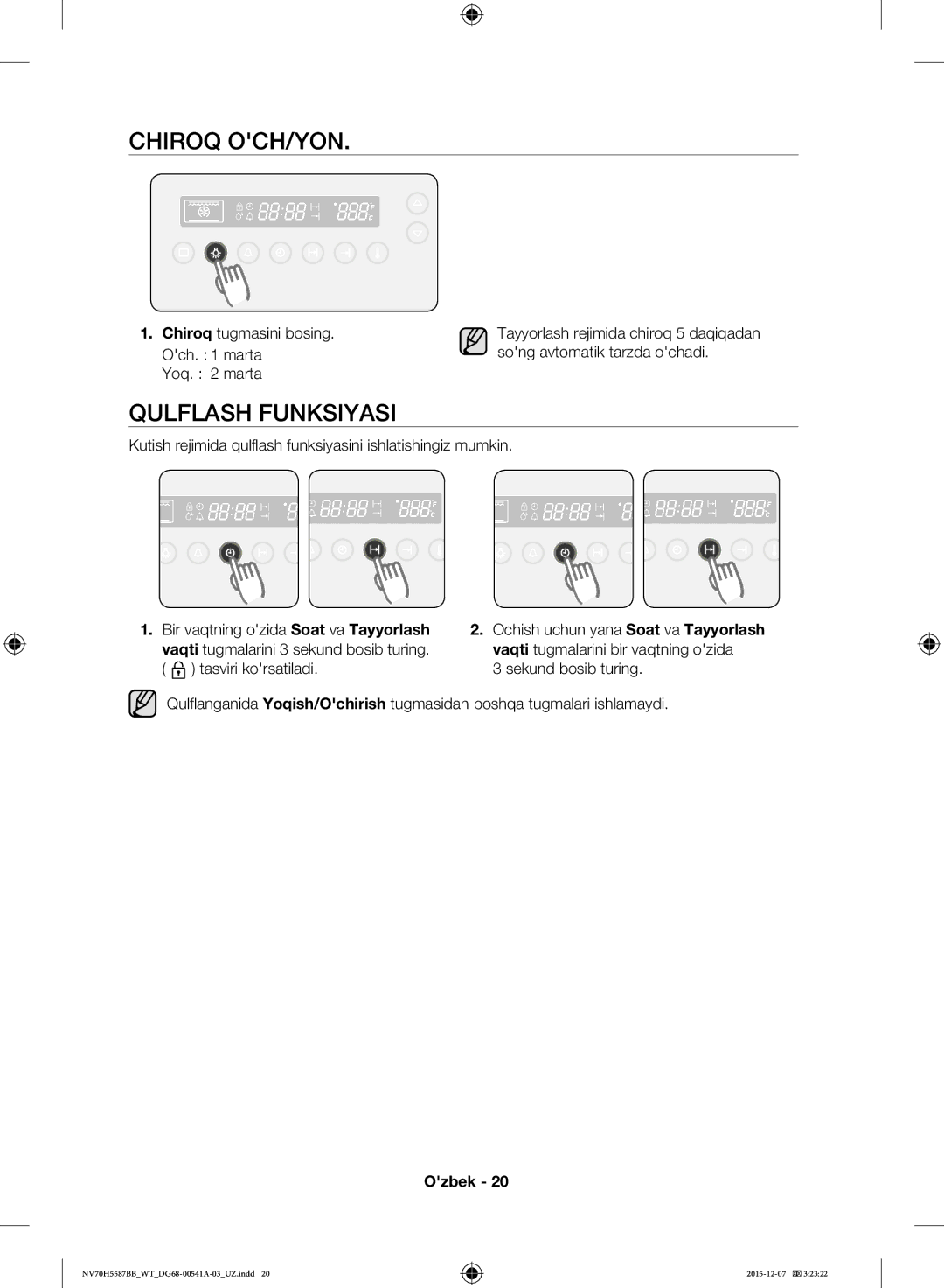 Samsung NV70H5557LB/WT, NV70H5587BB/WT manual Chiroq OCH/YON, Qulflash Funksiyasi, Chiroq tugmasini bosing 