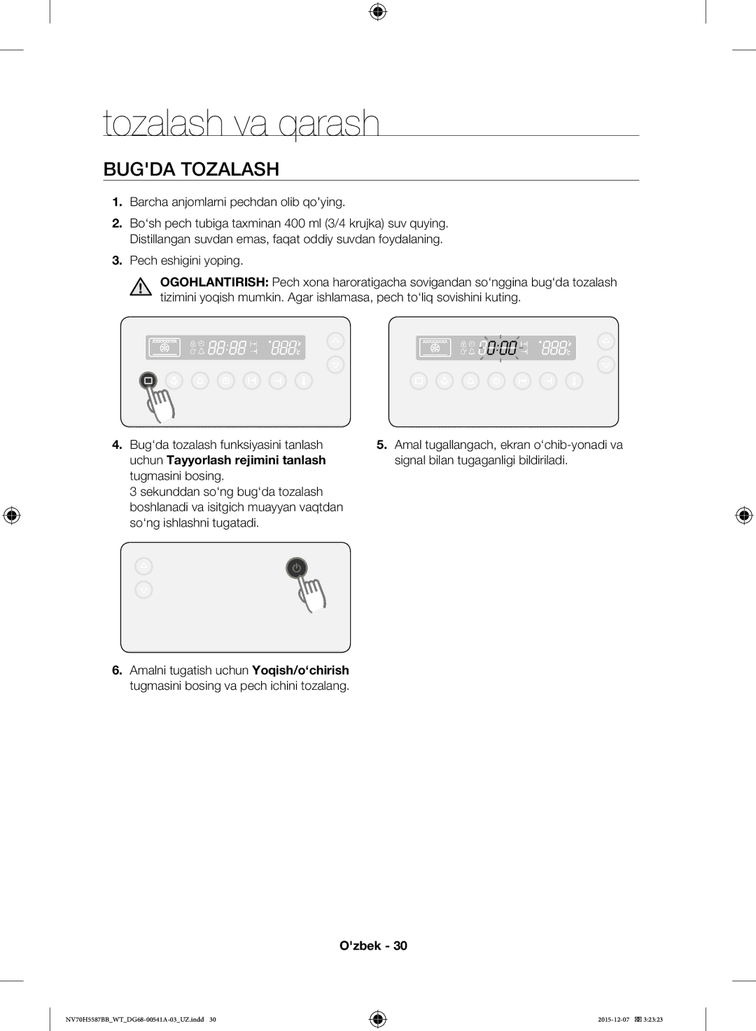 Samsung NV70H5557LB/WT, NV70H5587BB/WT manual Tozalash va qarash, Bugda Tozalash, Barcha anjomlarni pechdan olib qoying 