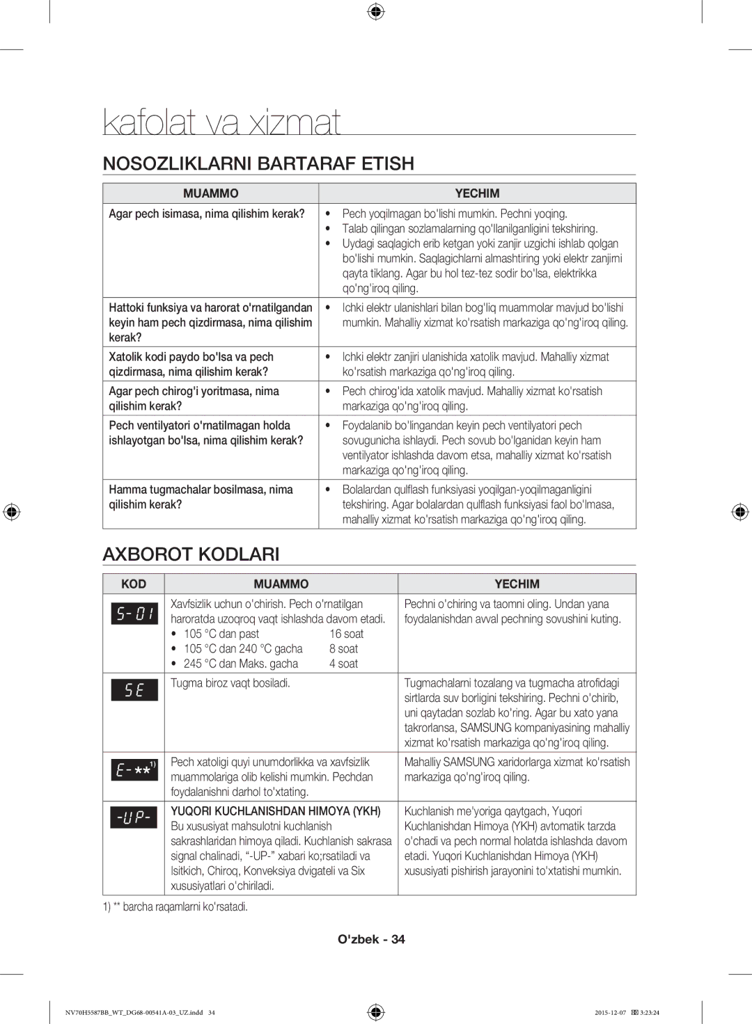 Samsung NV70H5557LB/WT, NV70H5587BB/WT manual Kafolat va xizmat, Nosozliklarni Bartaraf Etish, Axborot Kodlari 