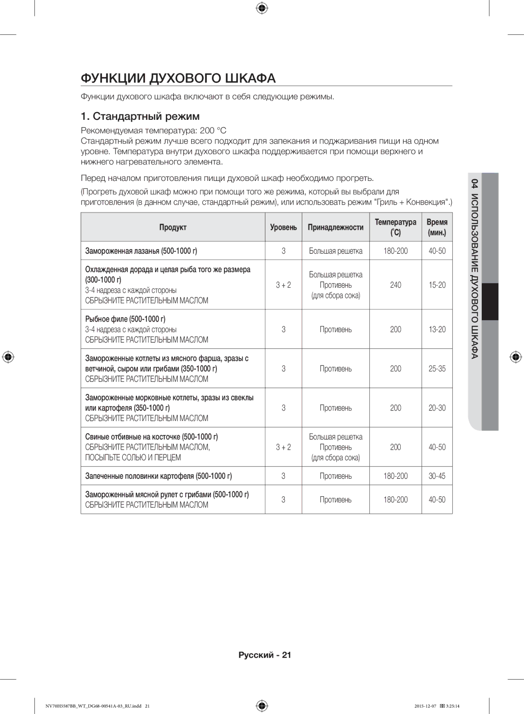 Samsung NV70H5587BB/WT, NV70H5557LB/WT manual Функции Духового Шкафа, Стандартный режим, Продукт 