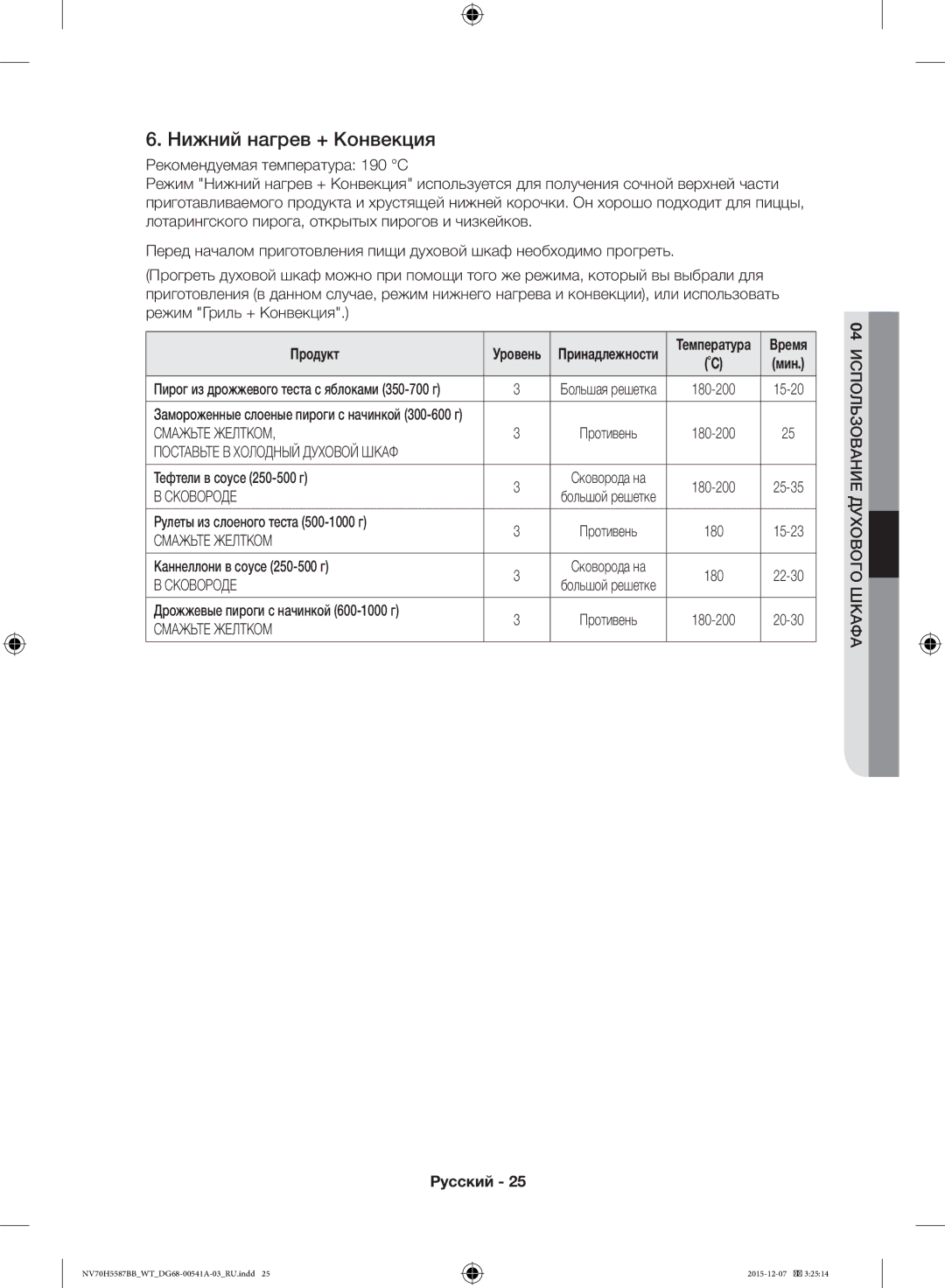 Samsung NV70H5587BB/WT, NV70H5557LB/WT manual Нижний нагрев + Конвекция, Смажьте Желтком, Сковороде 