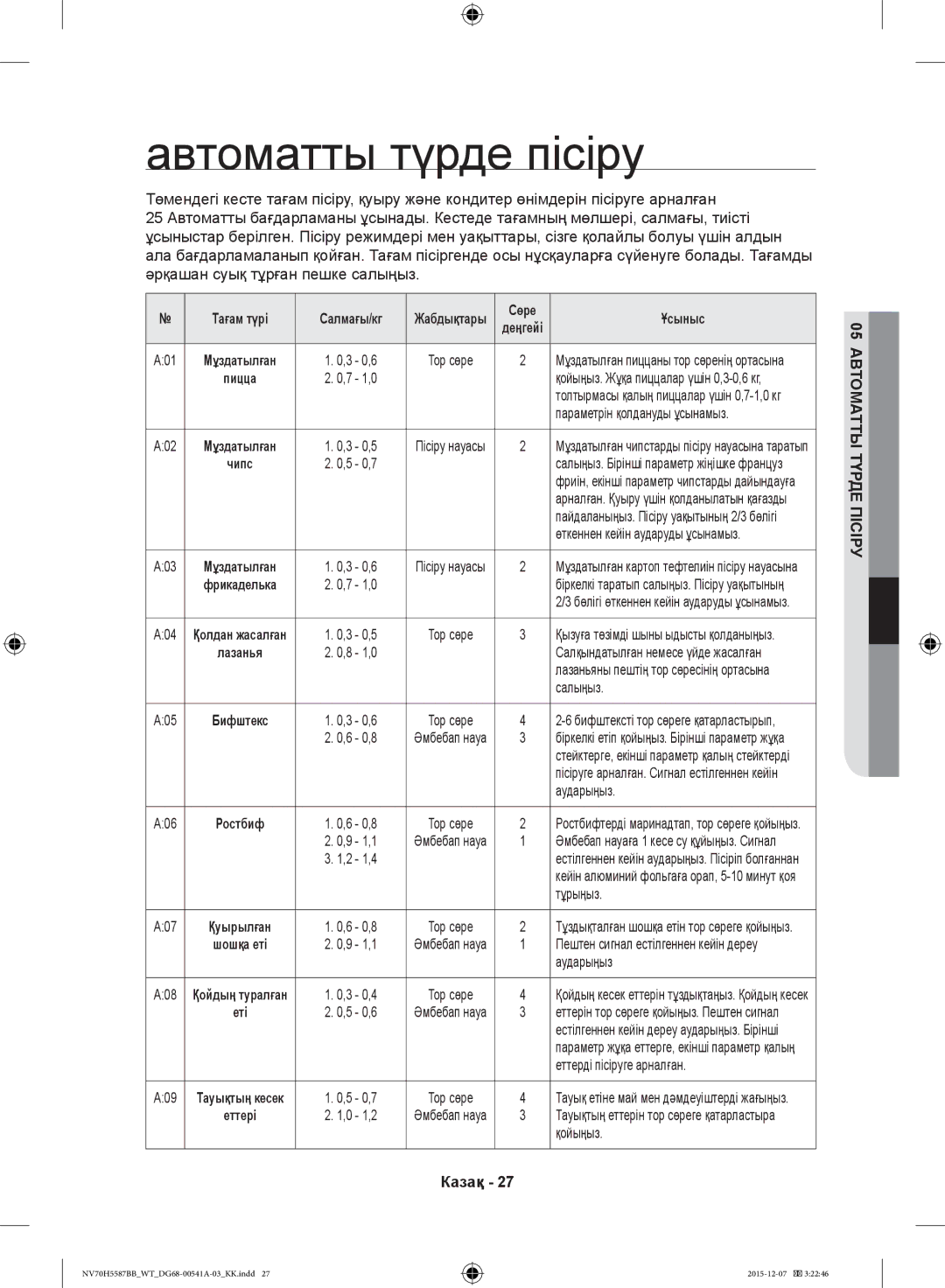 Samsung NV70H5587BB/WT, NV70H5557LB/WT manual Автоматты түрде пісіру 