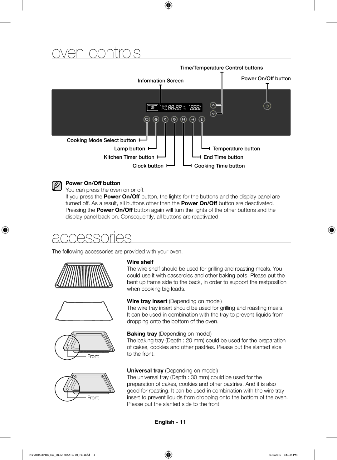 Samsung NV70H5587BB/EO manual Oven controls, Accessories, Power On/Off button, Wire shelf 