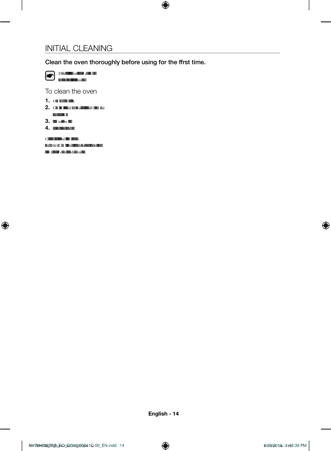 Samsung NV70H5587BB/EO manual Initial Cleaning, To clean the oven 