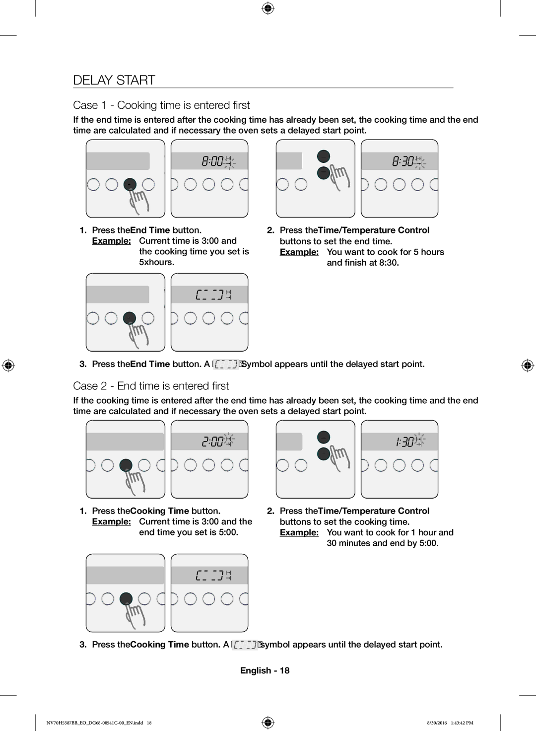 Samsung NV70H5587BB/EO manual Delay Start, Case 1 Cooking time is entered first, Case 2 End time is entered first 