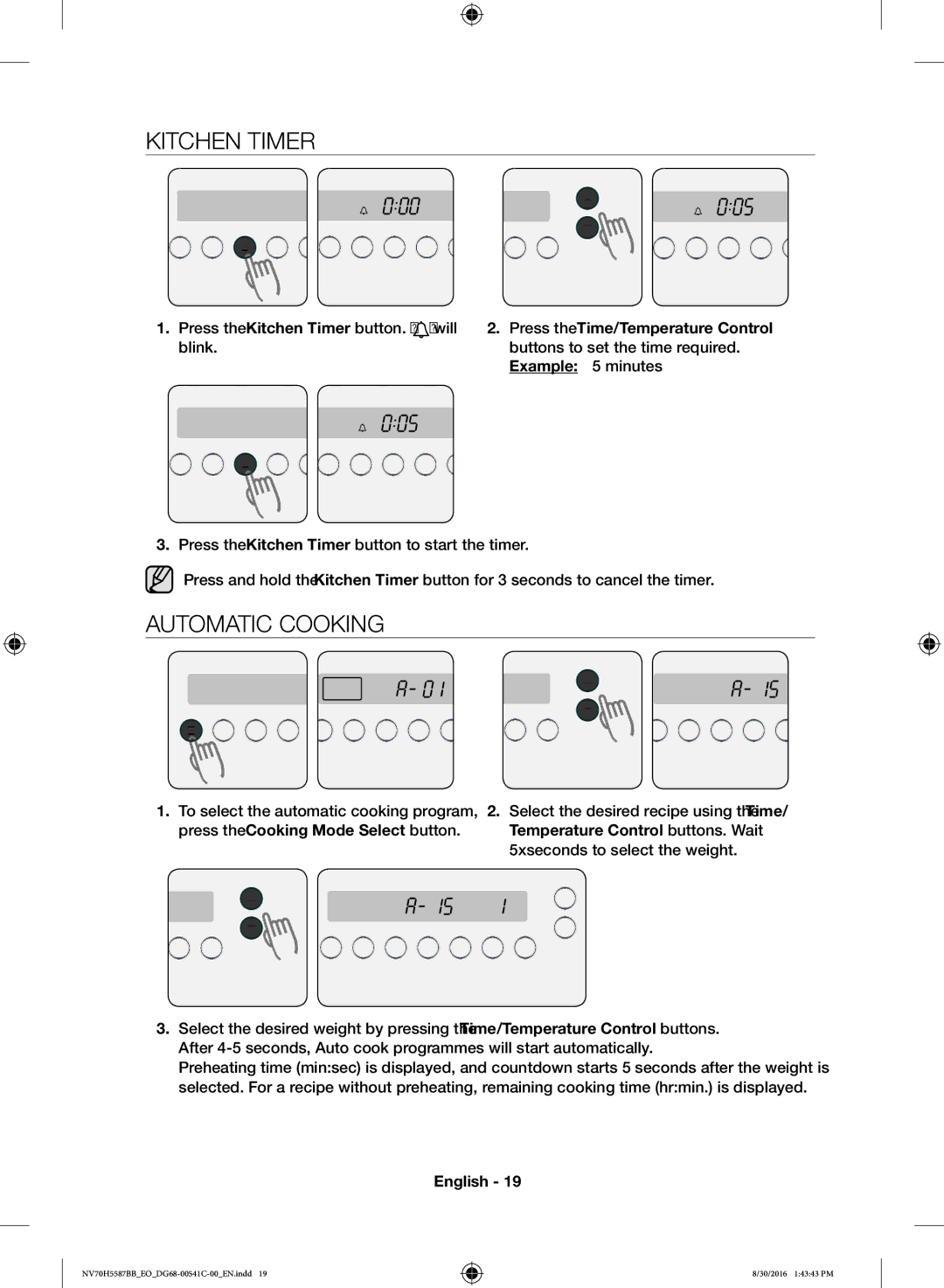 Samsung NV70H5587BB/EO manual Kitchen Timer, Automatic Cooking 