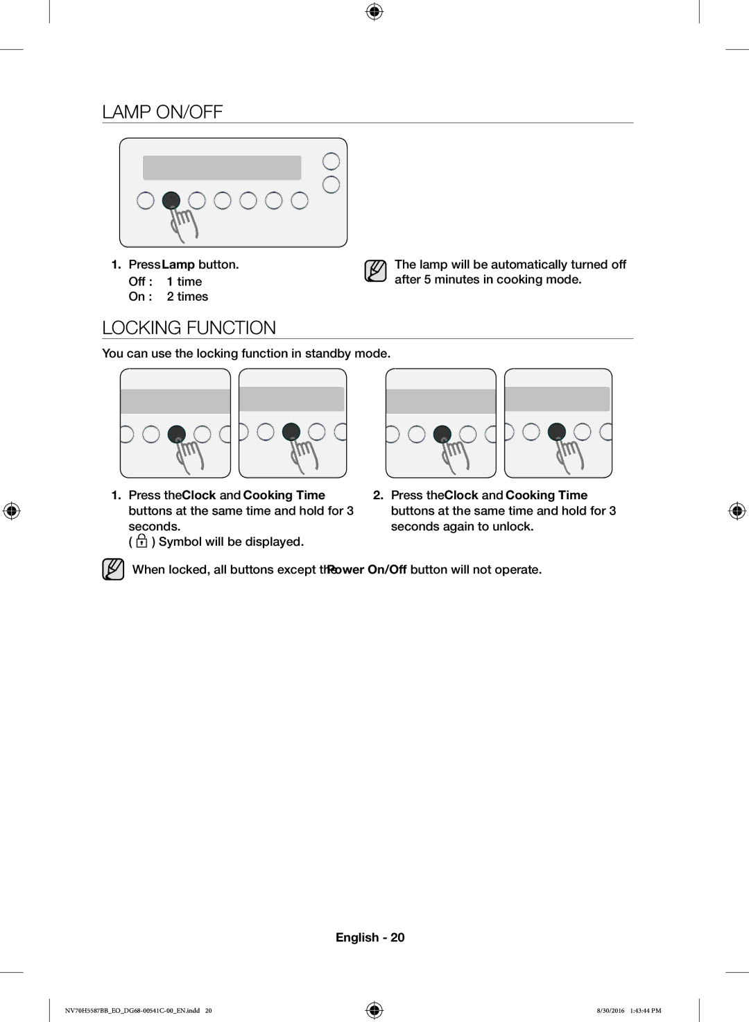 Samsung NV70H5587BB/EO manual Lamp ON/OFF, Locking Function 