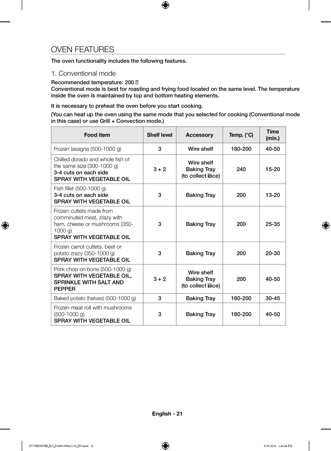 Samsung NV70H5587BB/EO manual Oven Features, Conventional mode, Food item, Accessory Temp. C Time 