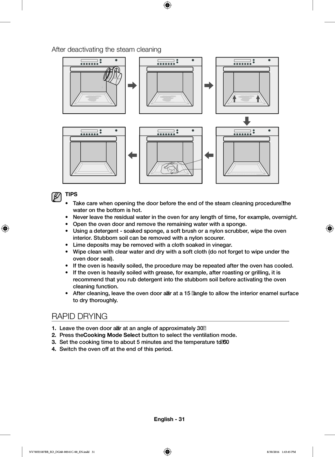 Samsung NV70H5587BB/EO manual Rapid Drying, After deactivating the steam cleaning, Cleaning Cares Tips 