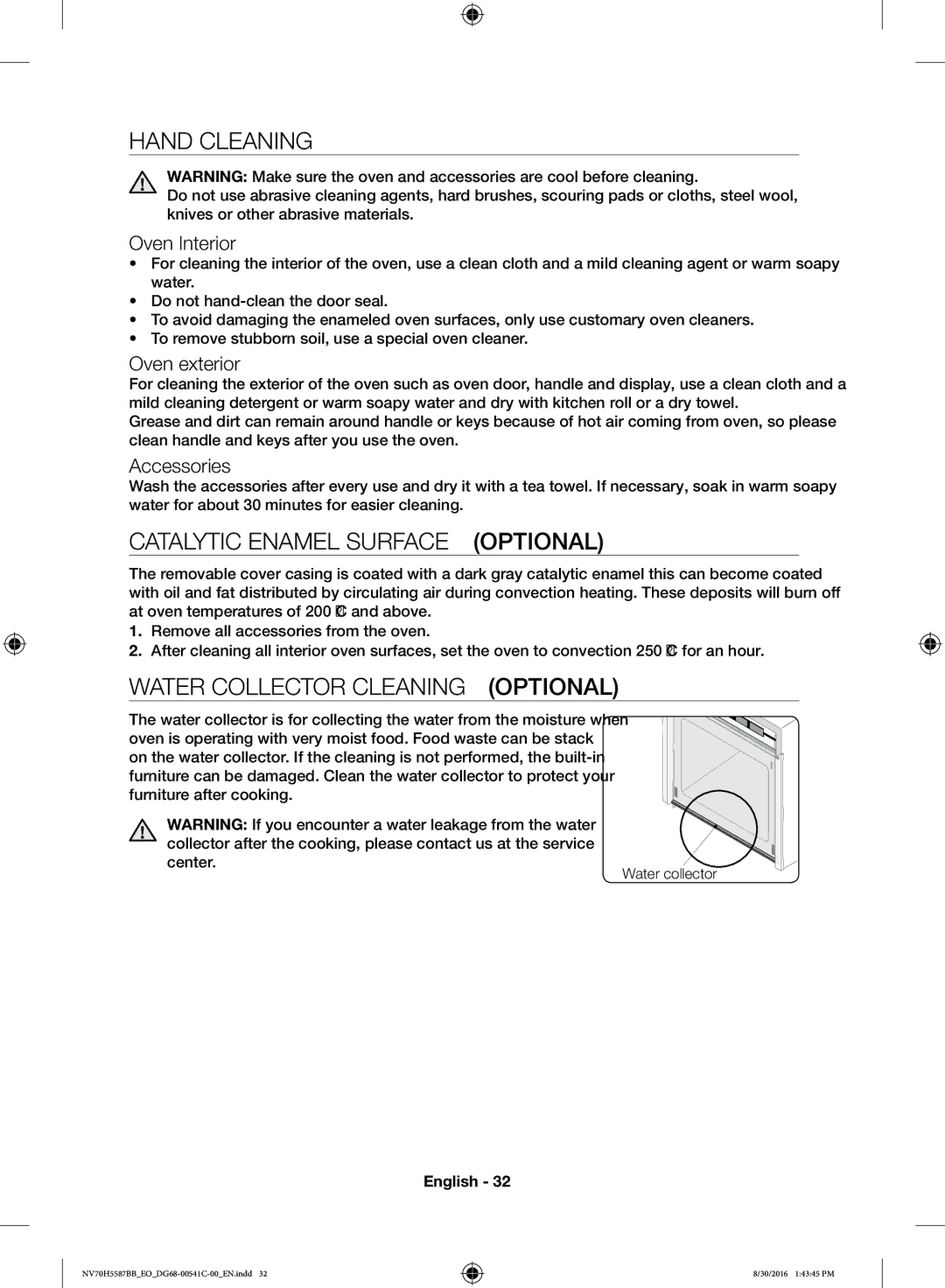 Samsung NV70H5587BB/EO manual Hand Cleaning, Catalytic Enamel Surface Optional, Water Collector Cleaning Optional 