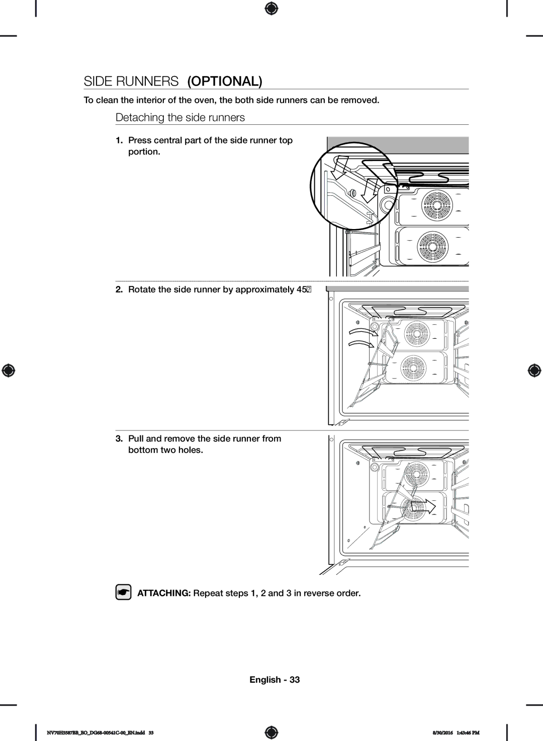 Samsung NV70H5587BB/EO manual Side Runners Optional, Detaching the side runners, Cleaning and Cares 