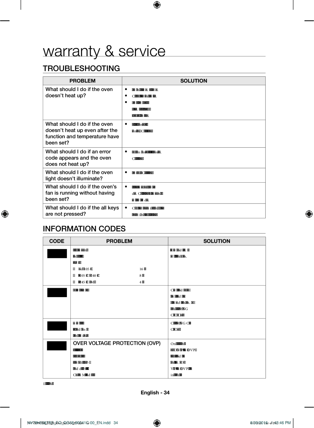 Samsung NV70H5587BB/EO manual Warranty & service, Troubleshooting, Information Codes, Over Voltage Protection OVP 