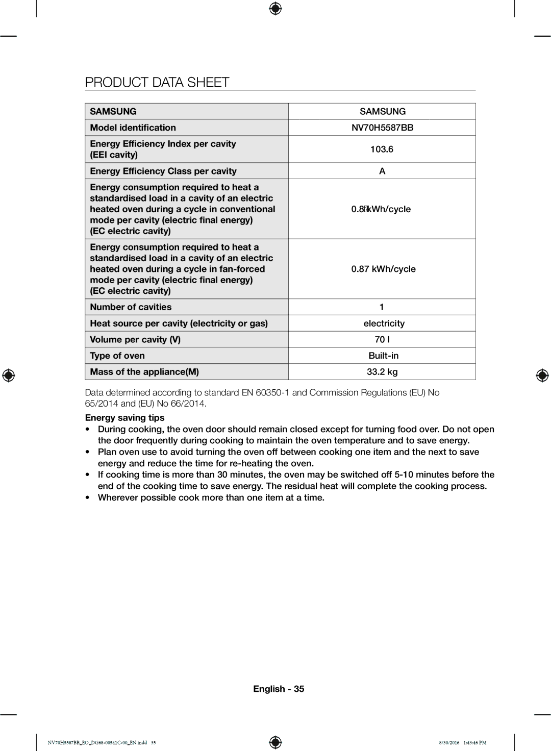 Samsung NV70H5587BB/EO manual Product Data Sheet 