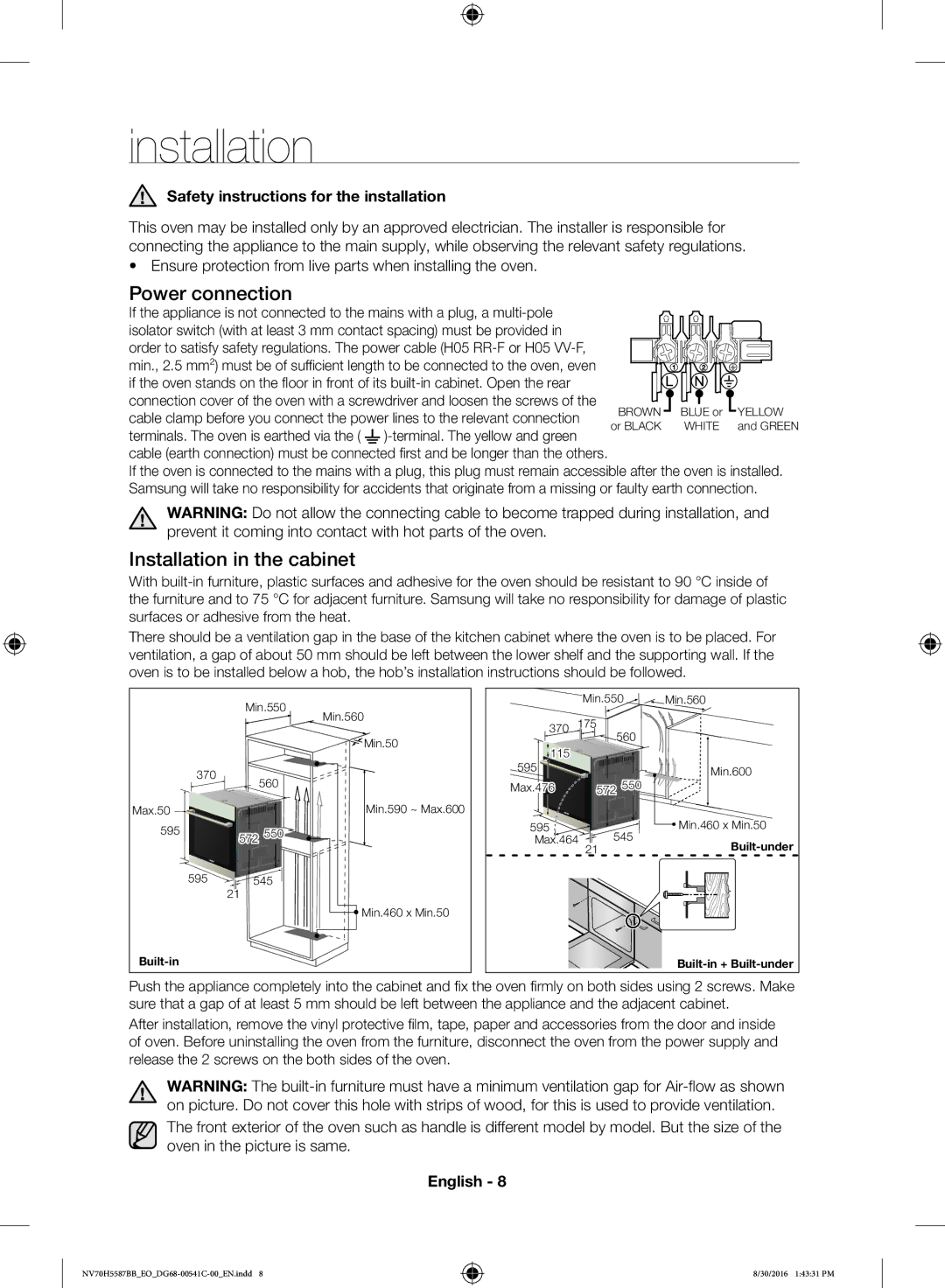 Samsung NV70H5587BB/EO manual Power connection, Installation in the cabinet, Safety instructions for the installation 