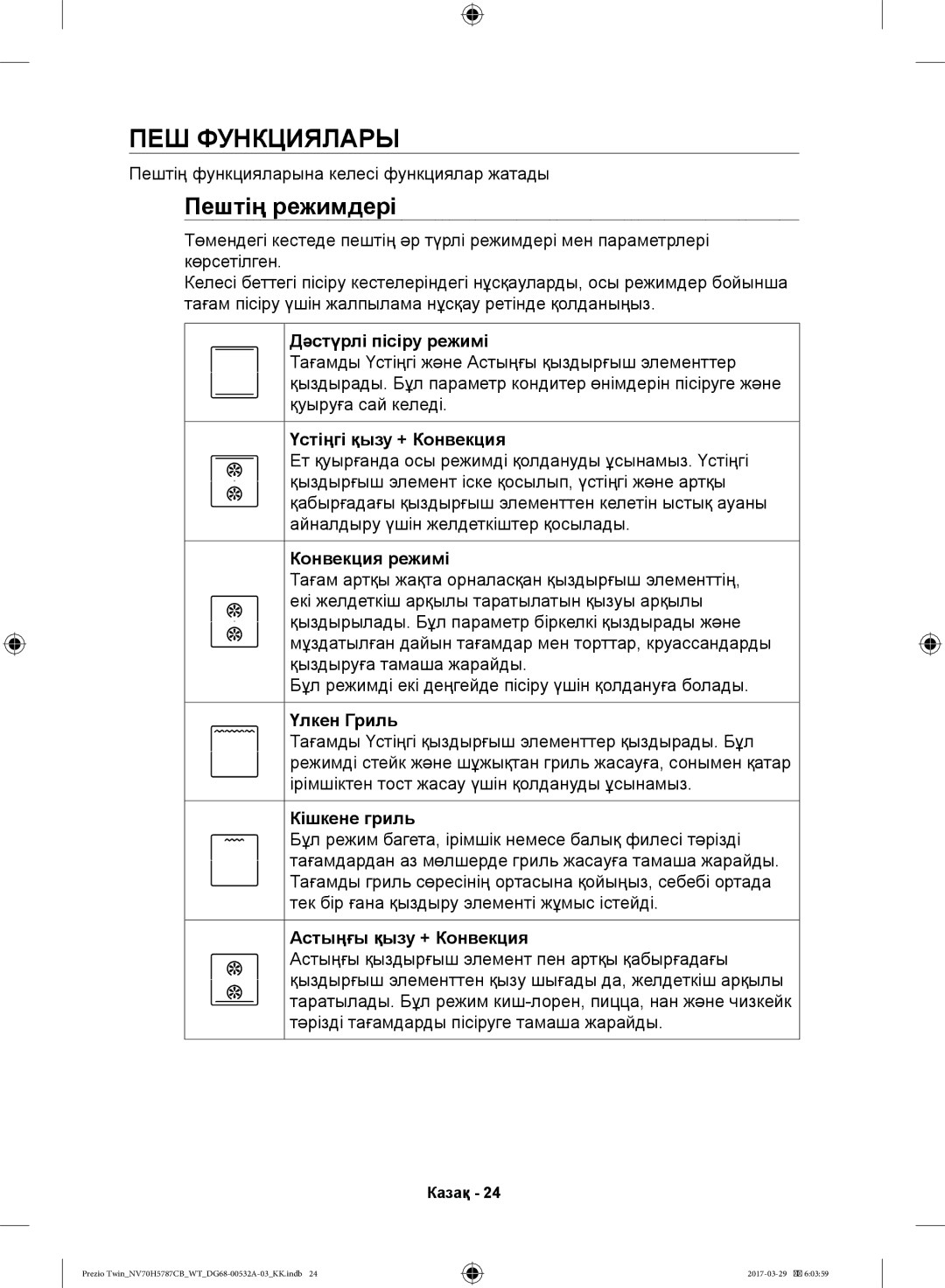 Samsung NV70H5787CB/WT manual ПЕШ Функциялары, Пештің режимдері 