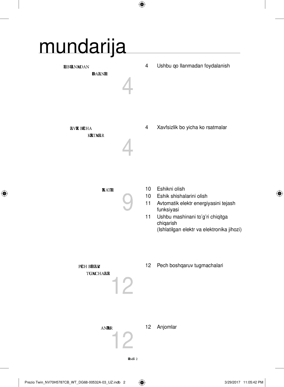 Samsung NV70H5787CB/WT manual Mundarija, Ozbek 