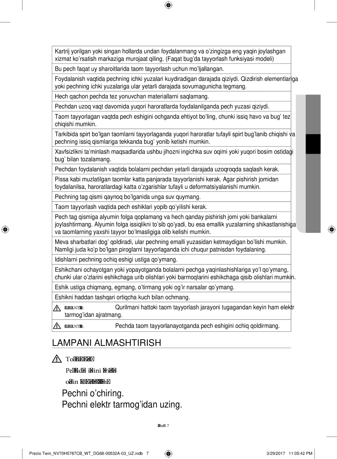 Samsung NV70H5787CB/WT manual Lampani Almashtirish, Idishlarni pechning ochiq eshigi ustiga qoymang 