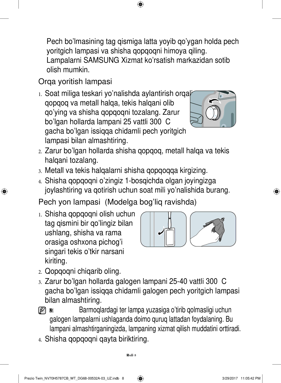 Samsung NV70H5787CB/WT manual Shisha qopqoqni qayta biriktiring 