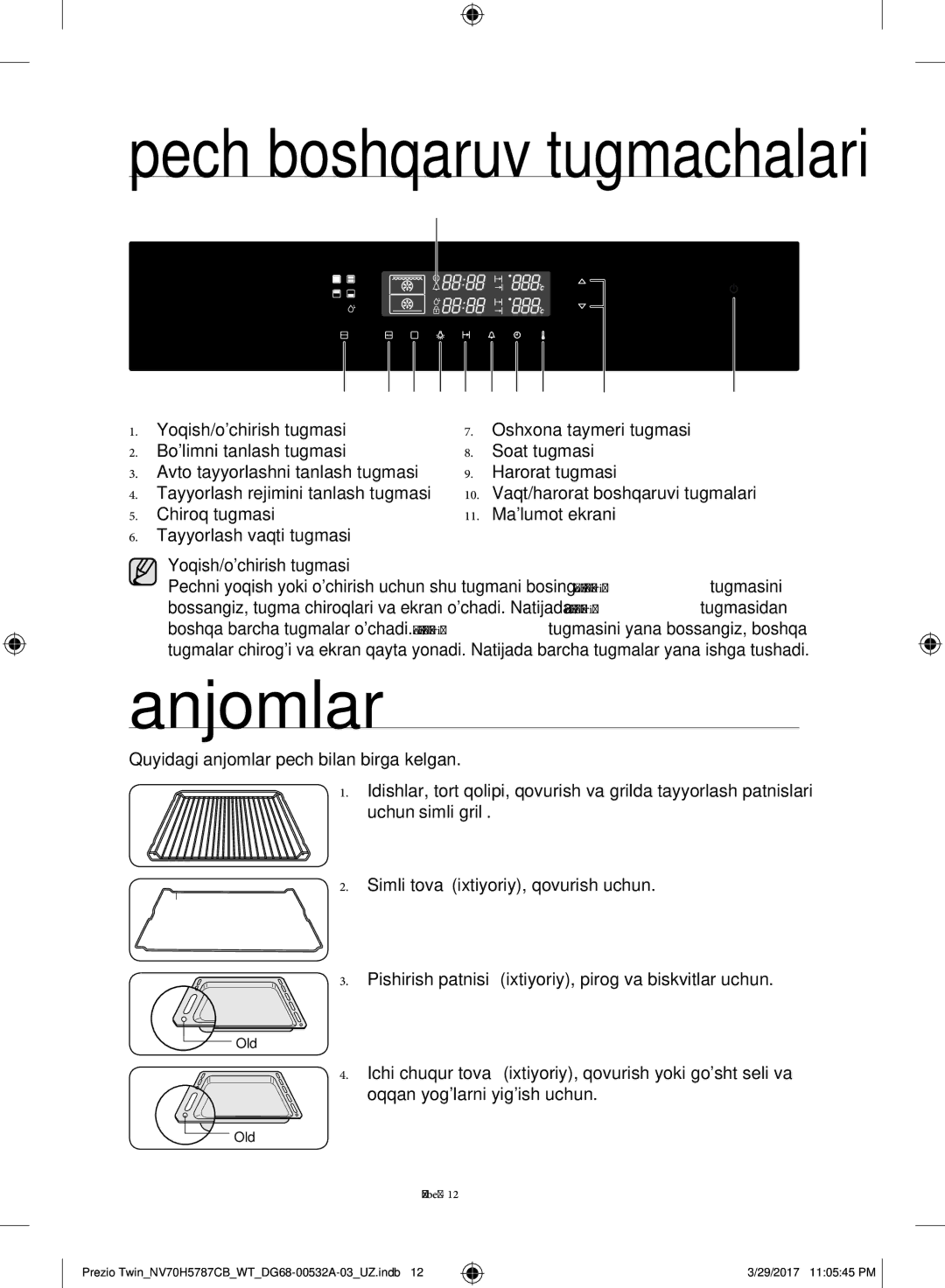 Samsung NV70H5787CB/WT manual Anjomlar, Harorat tugmasi, Soat tugmasi Avto tayyorlashni tanlash tugmasi 