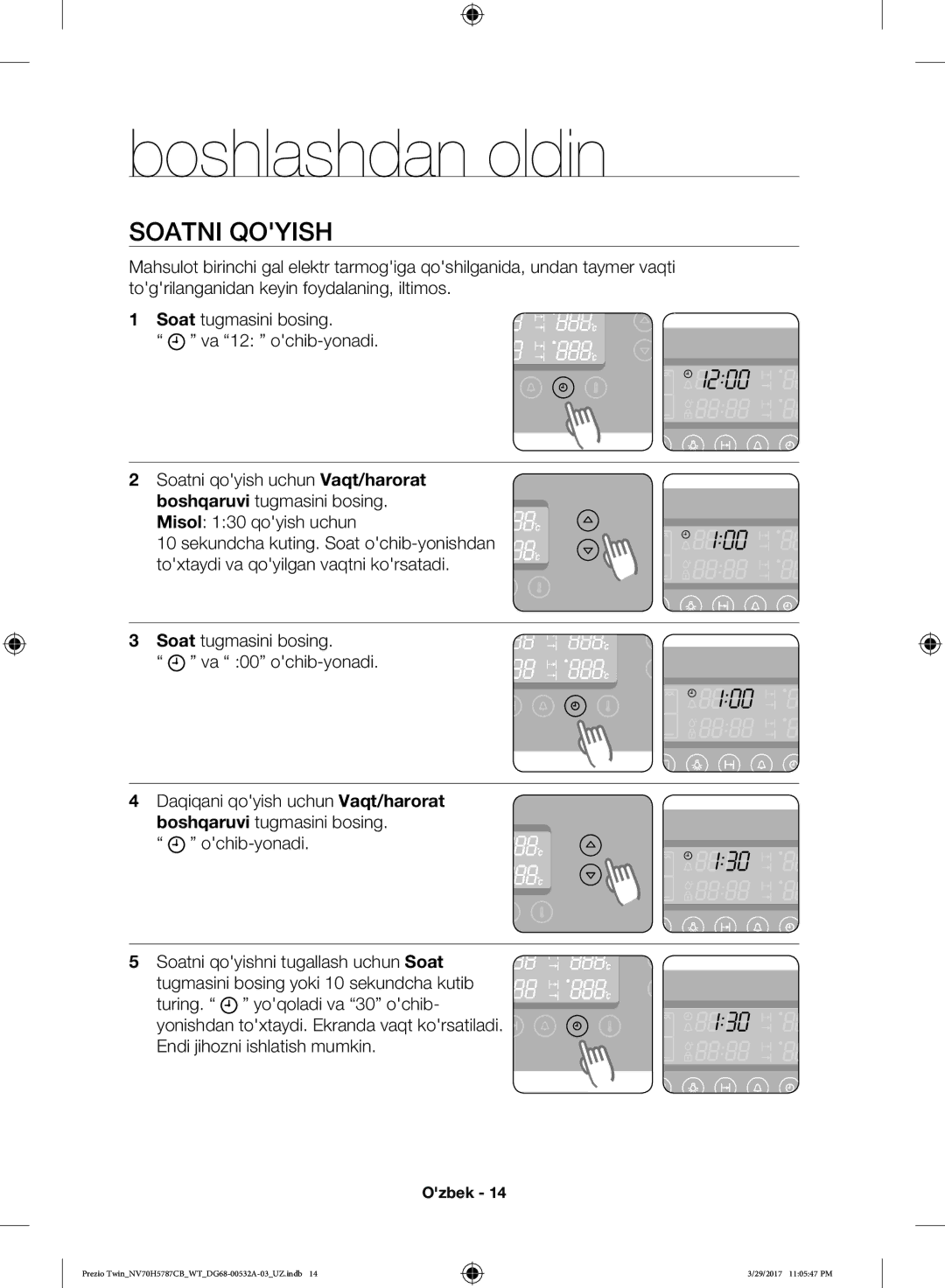 Samsung NV70H5787CB/WT manual Boshlashdan oldin, Soatni Qoyish, Boshqaruvi tugmasini bosing. ochib-yonadi 