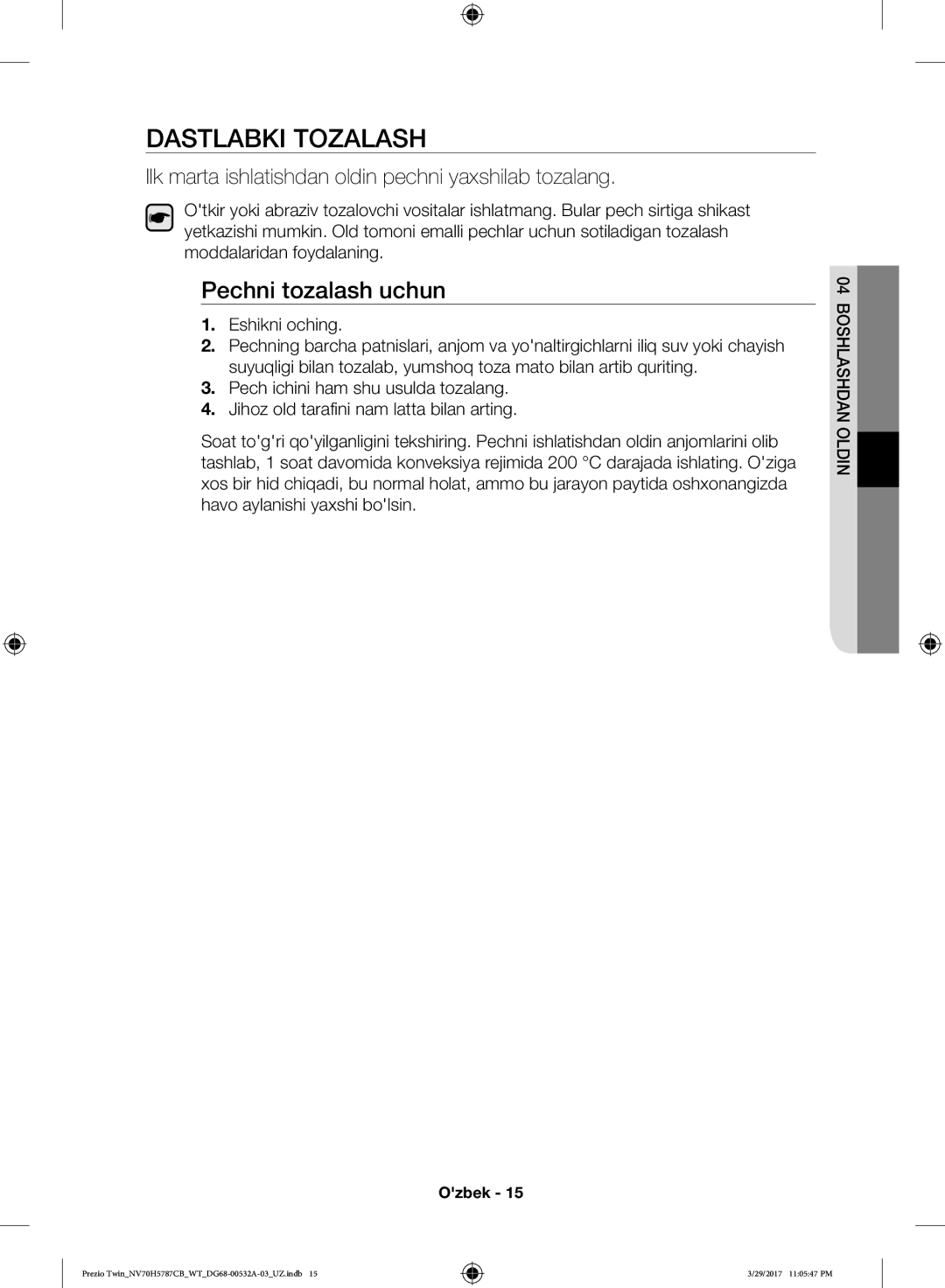 Samsung NV70H5787CB/WT manual Dastlabki Tozalash, Pechni tozalash uchun, Eshikni oching, Ldo and lash osh 04 b 