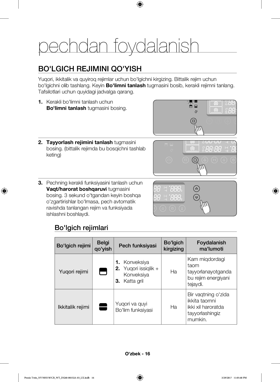 Samsung NV70H5787CB/WT manual Pechdan foydalanish, Bolgich Rejimini Qoyish, Bolgich rejimlari 