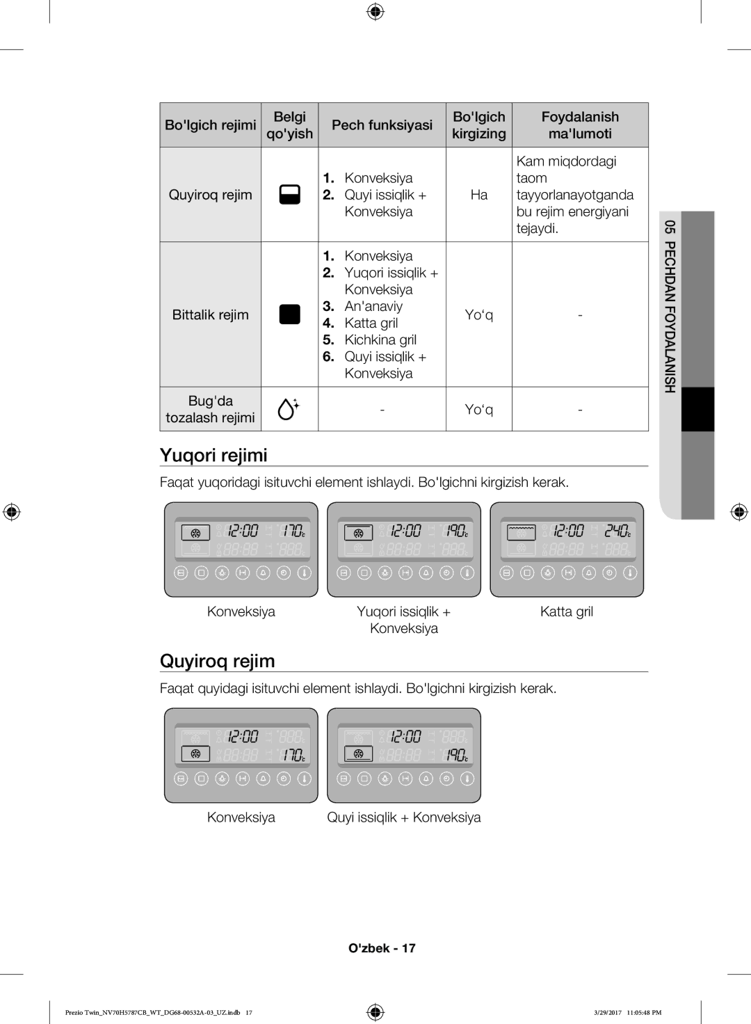 Samsung NV70H5787CB/WT manual Yuqori rejimi, Quyiroq rejim 