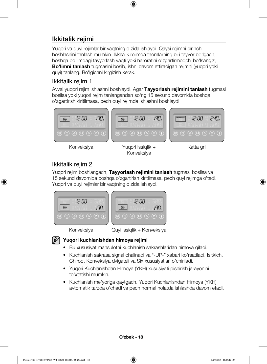 Samsung NV70H5787CB/WT manual Ikkitalik rejimi, Yuqori kuchlanishdan himoya rejimi 