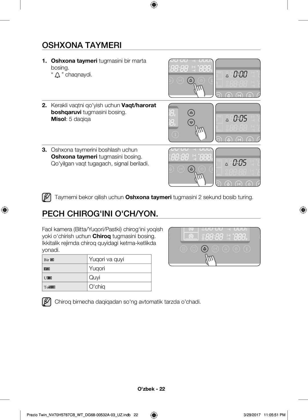 Samsung NV70H5787CB/WT manual Oshxona Taymeri, Pech Chirogini OCH/YON, Oshxona taymeri tugmasini bir marta bosing 