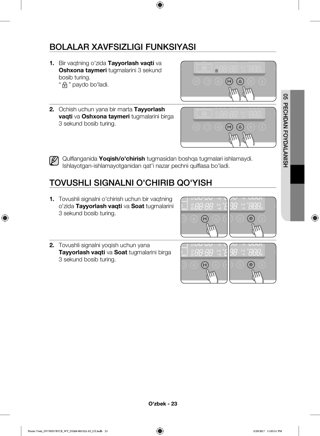 Samsung NV70H5787CB/WT manual Bolalar Xavfsizligi Funksiyasi, Tovushli Signalni Ochirib Qoyish 