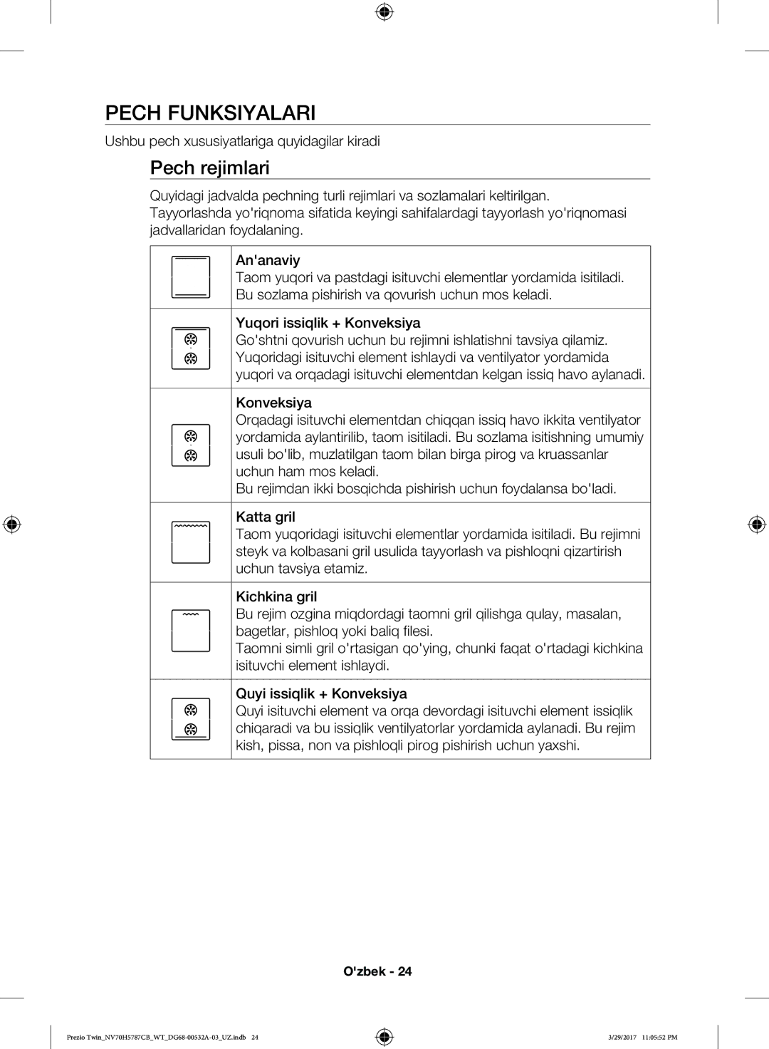 Samsung NV70H5787CB/WT manual Pech Funksiyalari, Pech rejimlari, Ushbu pech xususiyatlariga quyidagilar kiradi 