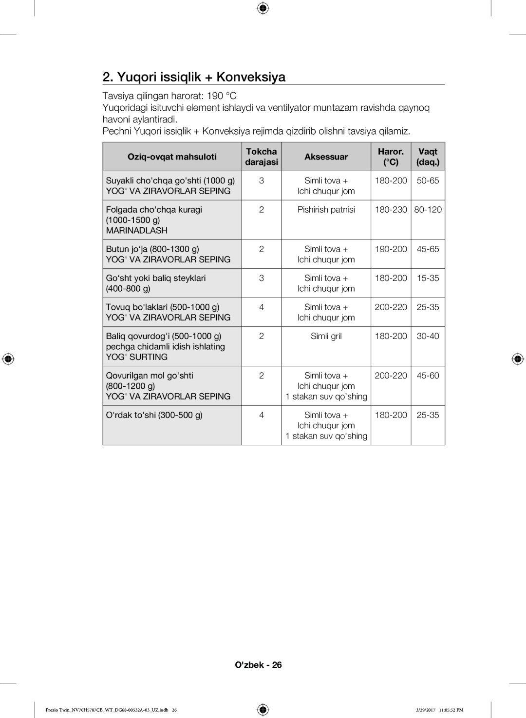 Samsung NV70H5787CB/WT manual Yuqori issiqlik + Konveksiya, Oziq-ovqat mahsuloti Tokcha Aksessuar Haror Vaqt 