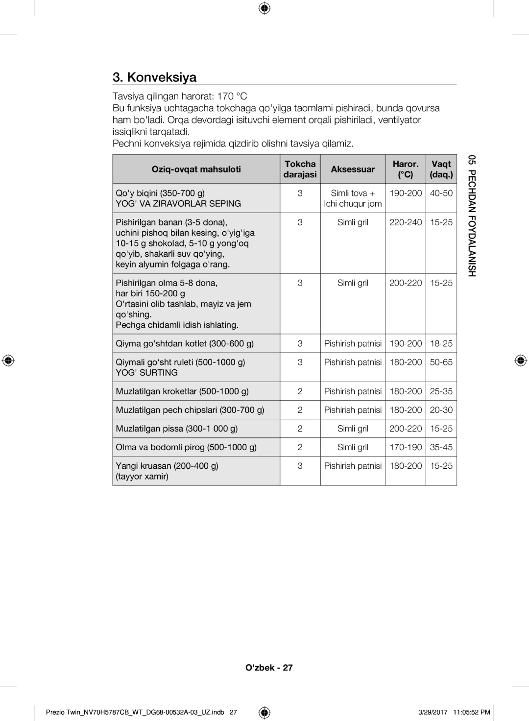 Samsung NV70H5787CB/WT manual Konveksiya 