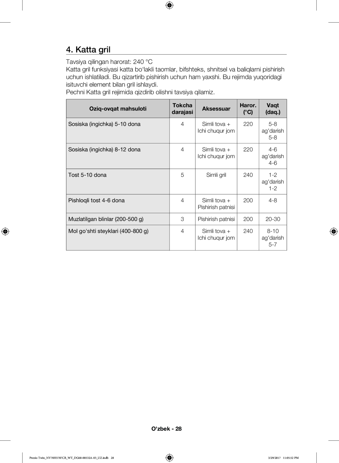 Samsung NV70H5787CB/WT manual Katta gril 