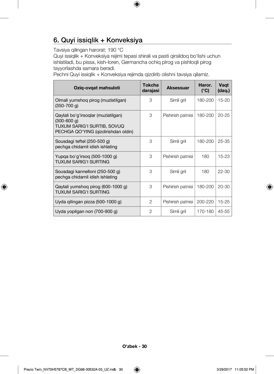 Samsung NV70H5787CB/WT manual Quyi issiqlik + Konveksiya 