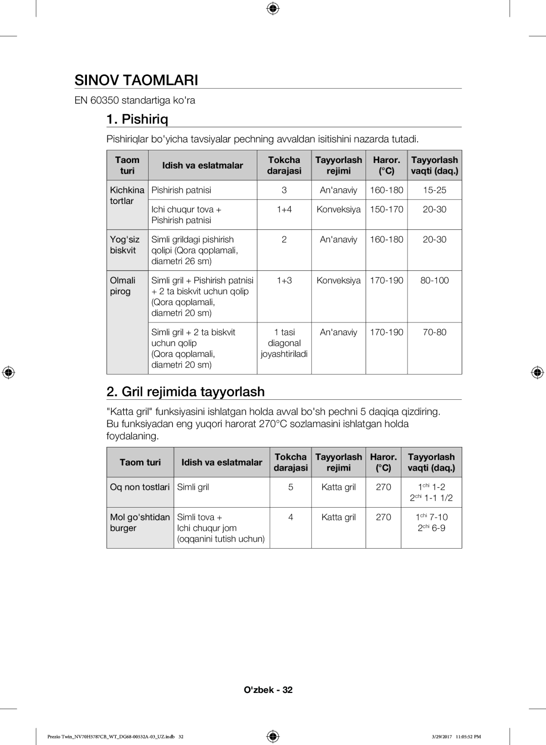 Samsung NV70H5787CB/WT manual Sinov Taomlari, Pishiriq, Gril rejimida tayyorlash, EN 60350 standartiga kora 