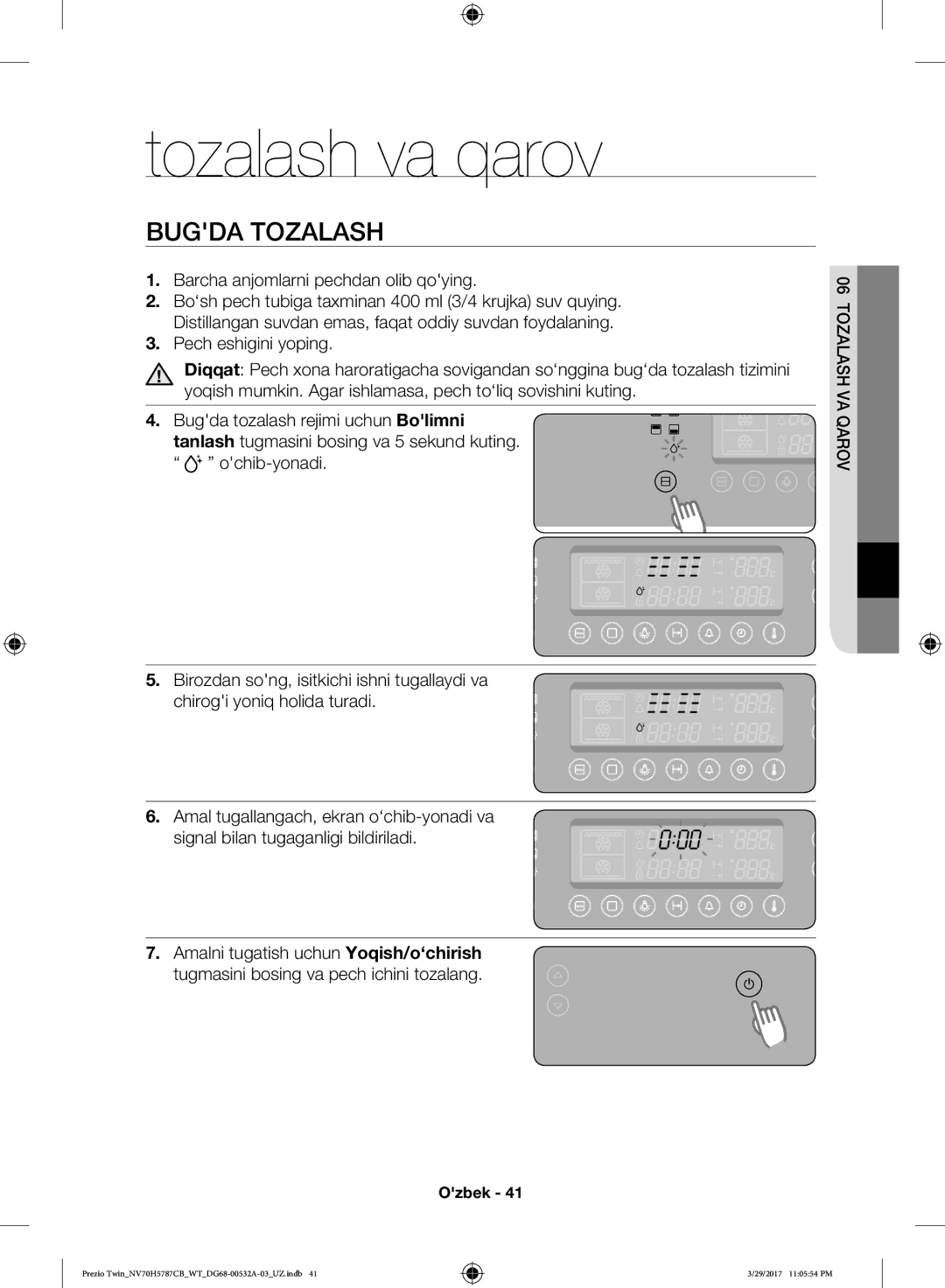 Samsung NV70H5787CB/WT manual Tozalash va qarov, Bugda Tozalash, Barcha anjomlarni pechdan olib qoying 