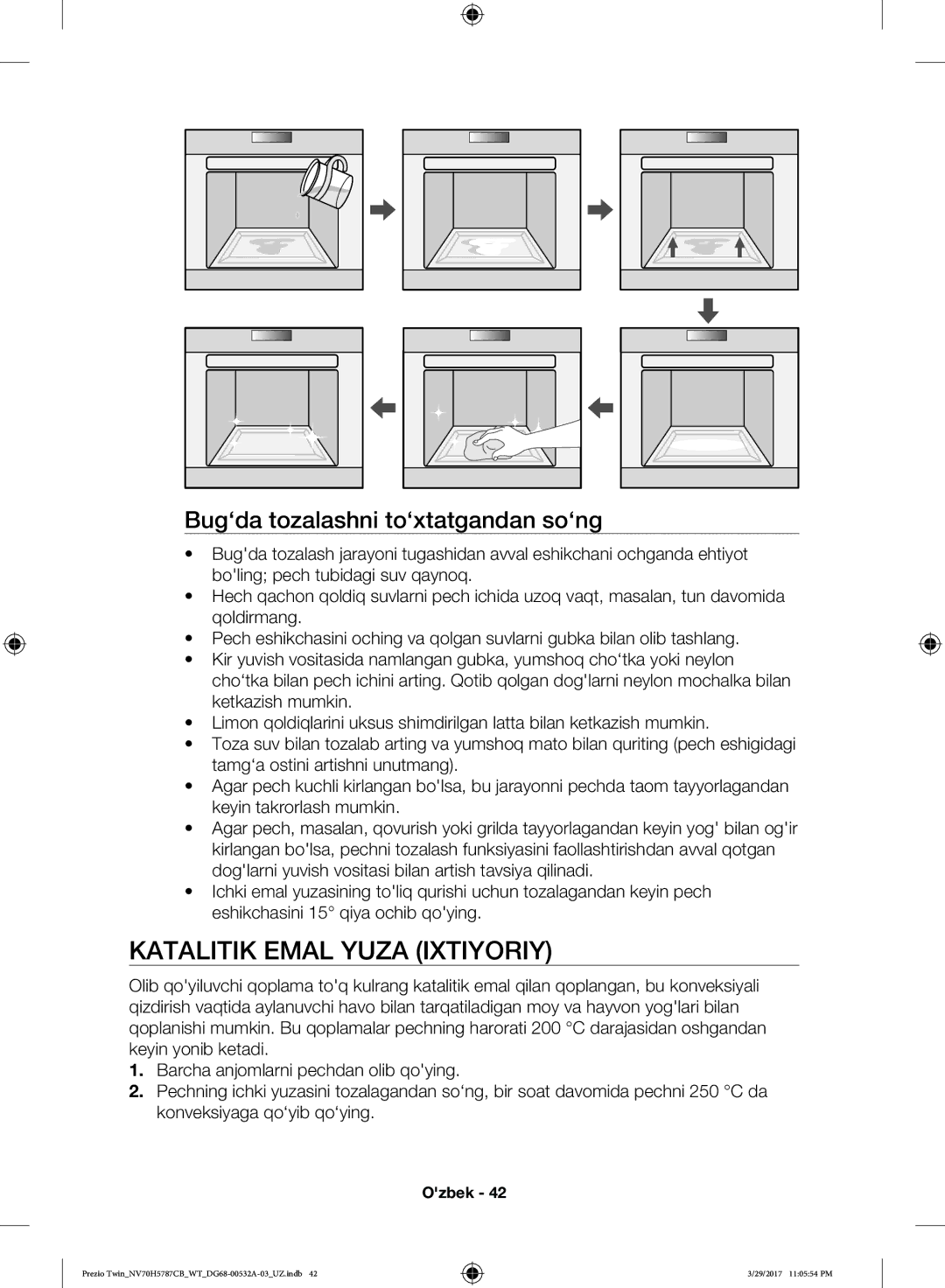 Samsung NV70H5787CB/WT manual Katalitik Emal Yuza Ixtiyoriy, Bug‘da tozalashni to‘xtatgandan so‘ng 