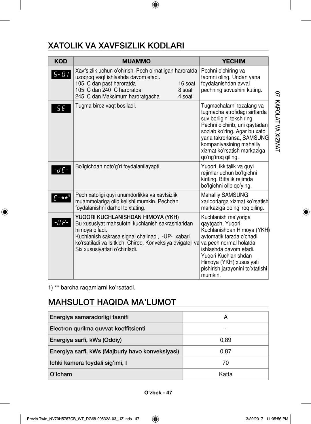 Samsung NV70H5787CB/WT manual Xatolik VA Xavfsizlik Kodlari, Mahsulot Haqida MA’LUMOT 