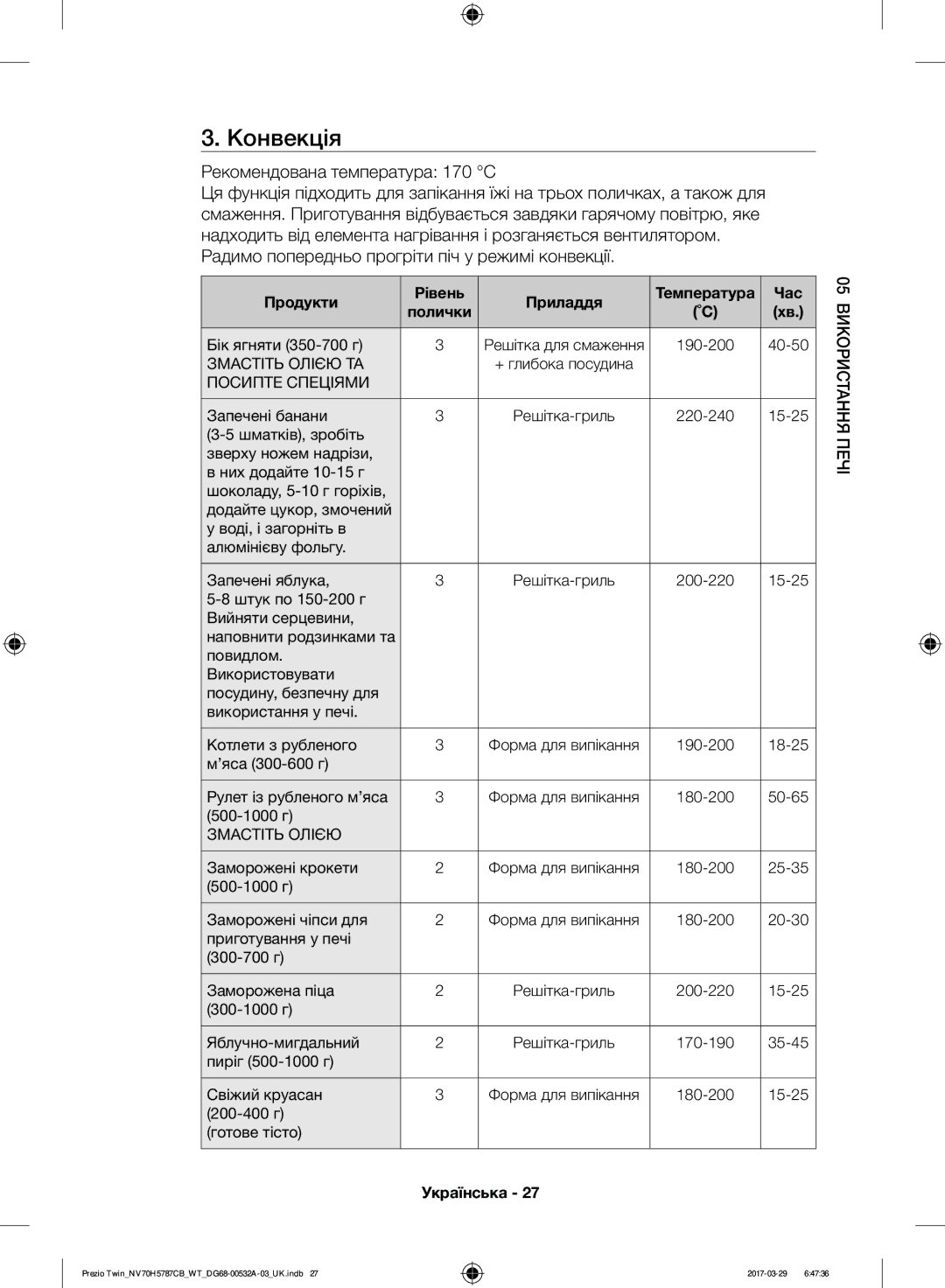 Samsung NV70H5787CB/WT manual Конвекція, Рекомендована температура 170 C, Радимо попередньо прогріти піч у режимі конвекції 