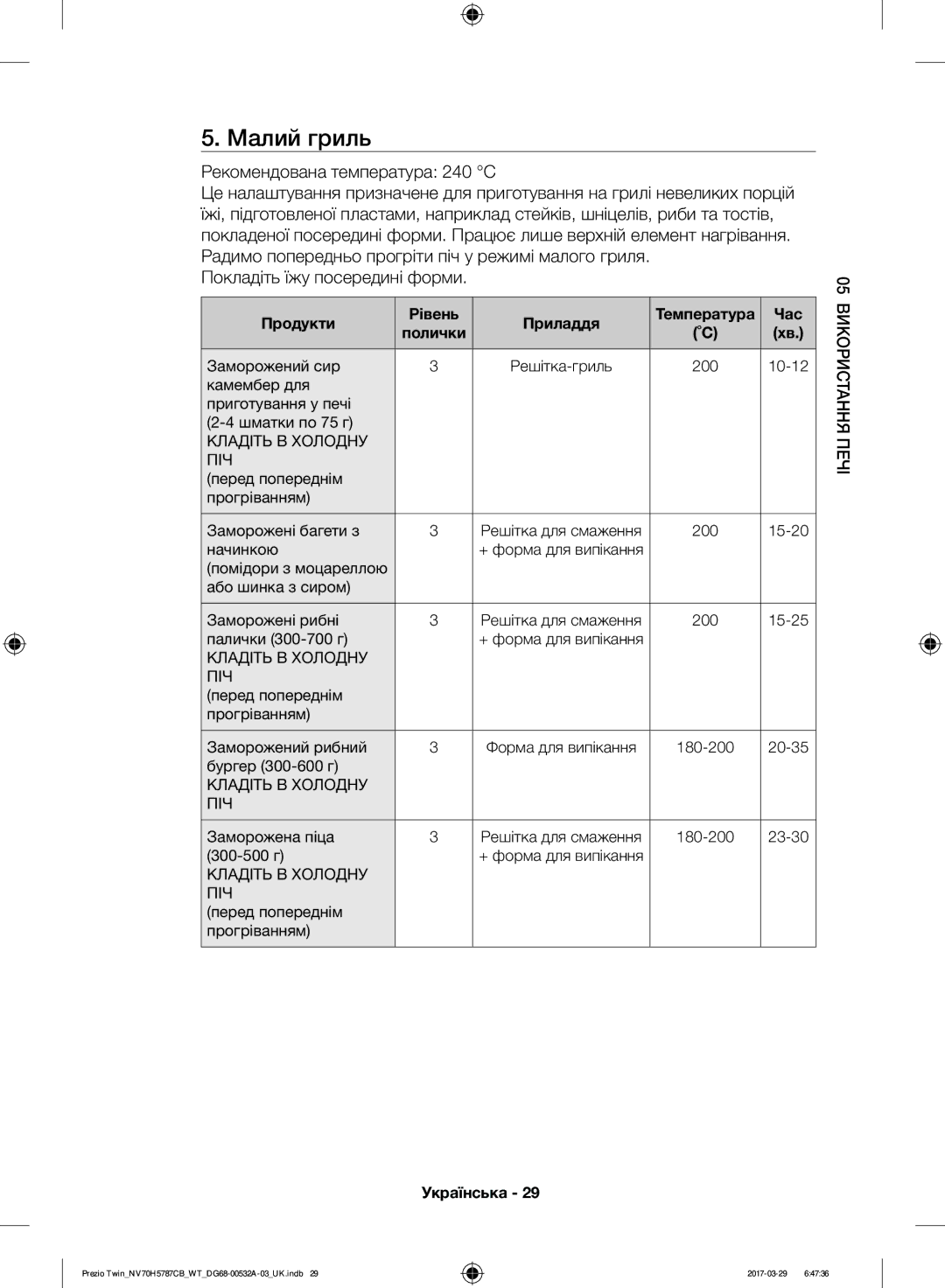 Samsung NV70H5787CB/WT manual Малий гриль, Рекомендована температура 240 C, Покладіть їжу посередині форми 