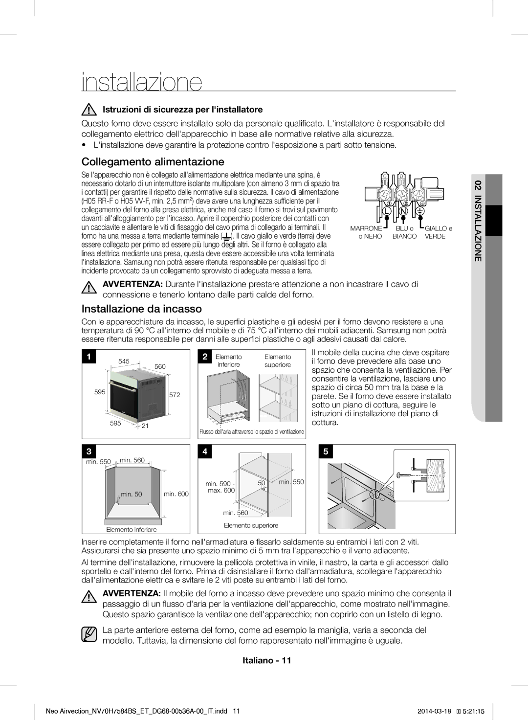 Samsung NV70H7584BS/ET manual Installazione, Istruzioni di sicurezza per linstallatore 