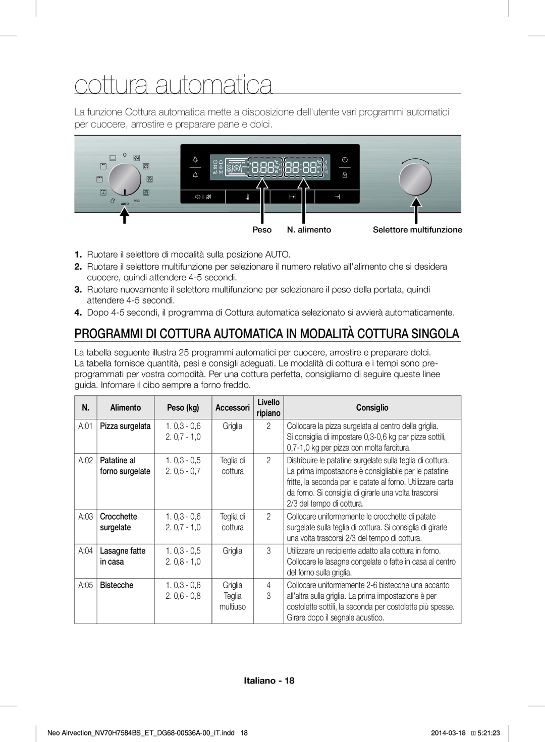 Samsung NV70H7584BS/ET Cottura automatica, Programmi DI Cottura Automatica in Modalità Cottura Singola, Alimento Peso kg 