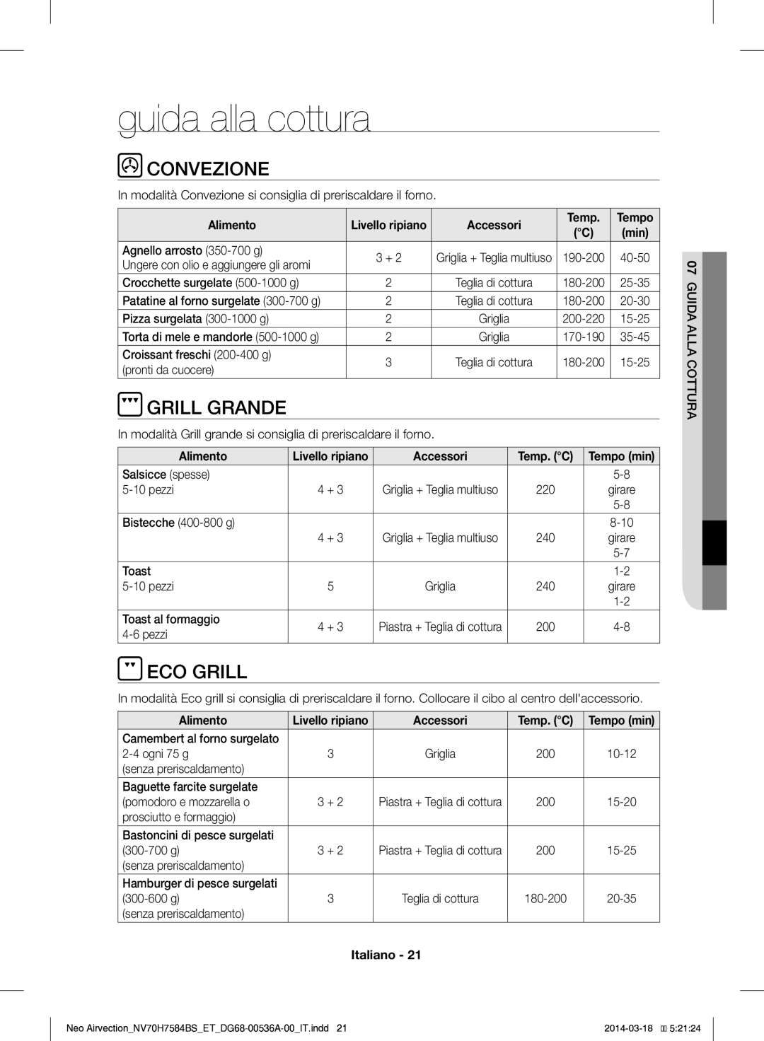 Samsung NV70H7584BS/ET manual Guida alla cottura, Convezione, Grill Grande, ECO Grill 