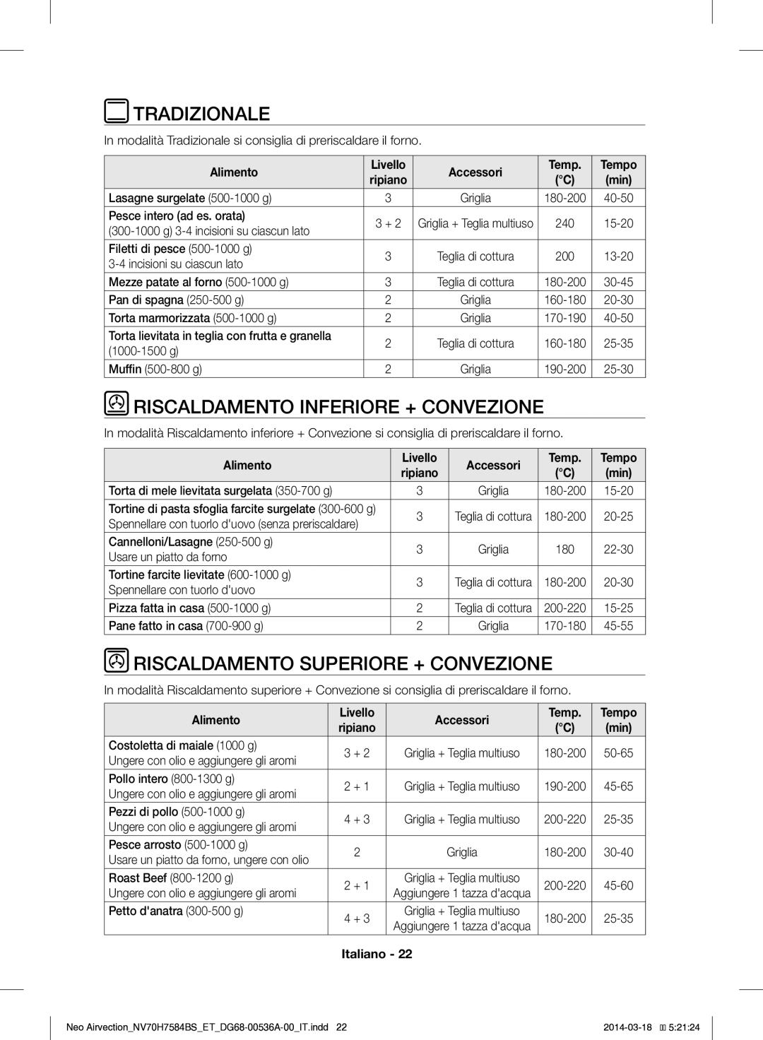 Samsung NV70H7584BS/ET manual Tradizionale, Riscaldamento Inferiore + Convezione, Riscaldamento Superiore + Convezione 