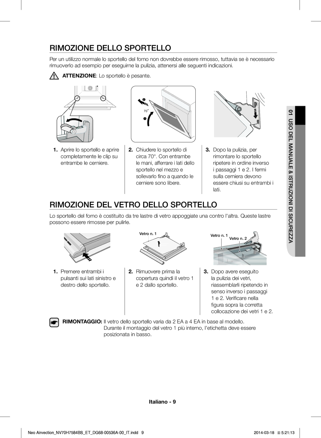 Samsung NV70H7584BS/ET manual Rimozione Dello Sportello, Rimozione DEL Vetro Dello Sportello 