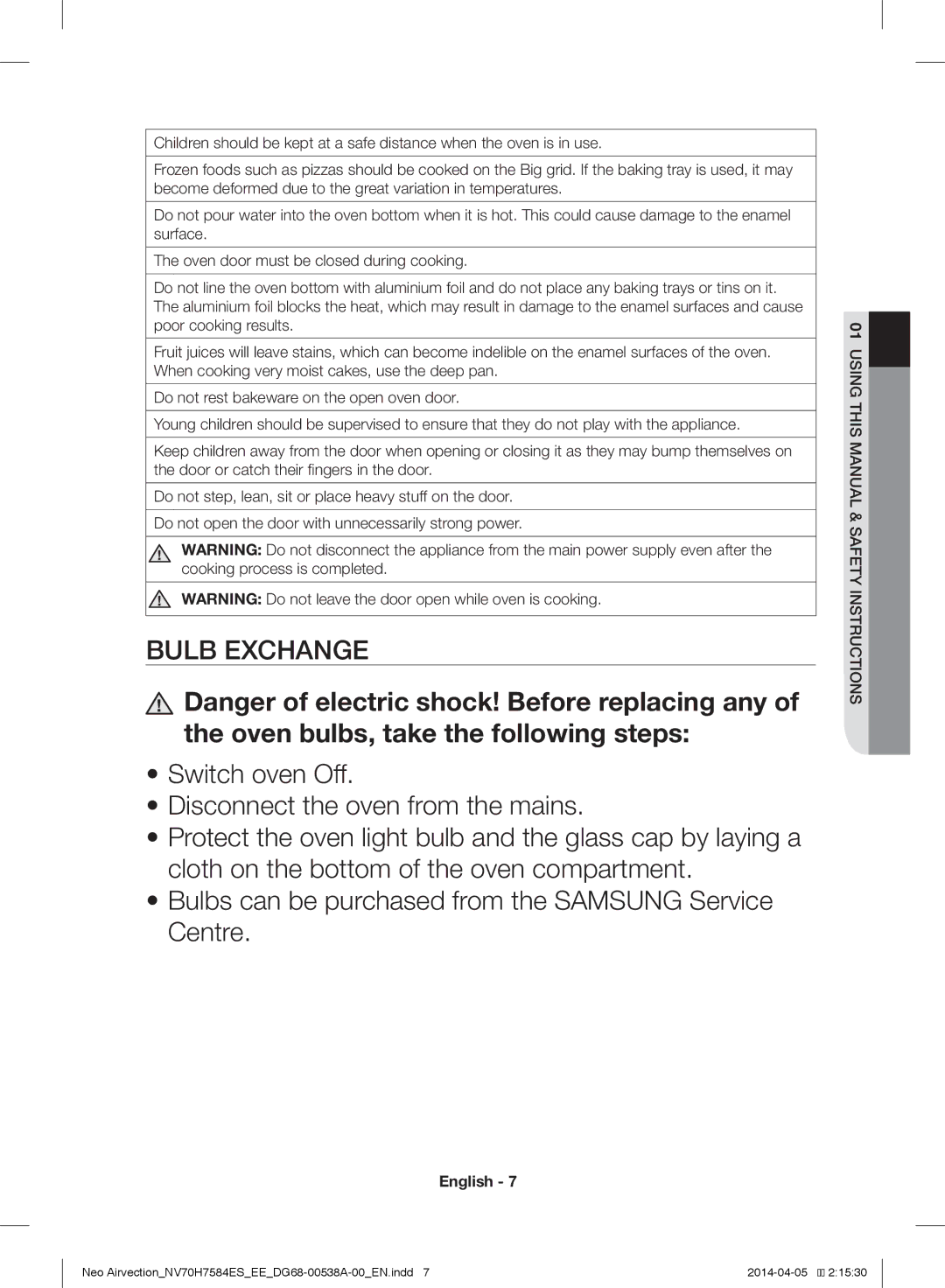 Samsung NV70H7584ES/EE manual Bulb Exchange 
